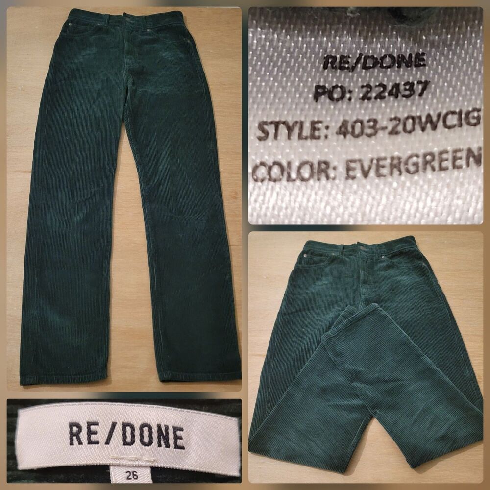 RE/DONE High Rise 70s Cigarette Corduroy Pants Evergreen Size 26x31 Women's